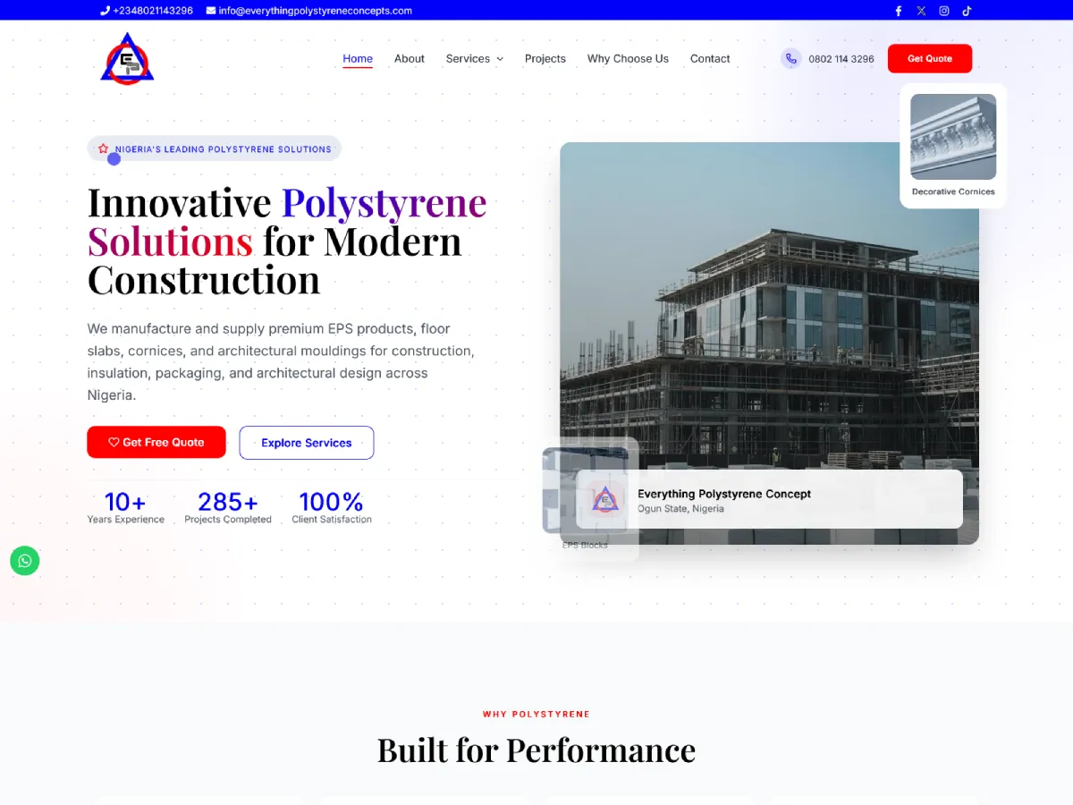Everything Polystyrene Concepts website screenshot — project by Johnnybits